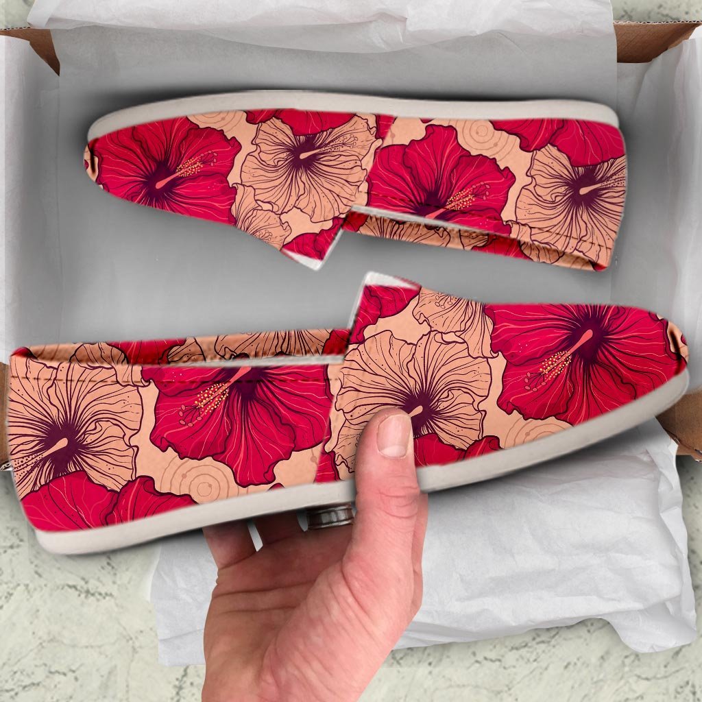 Red Hibiscus Flower Print Canvas Shoes-grizzshop