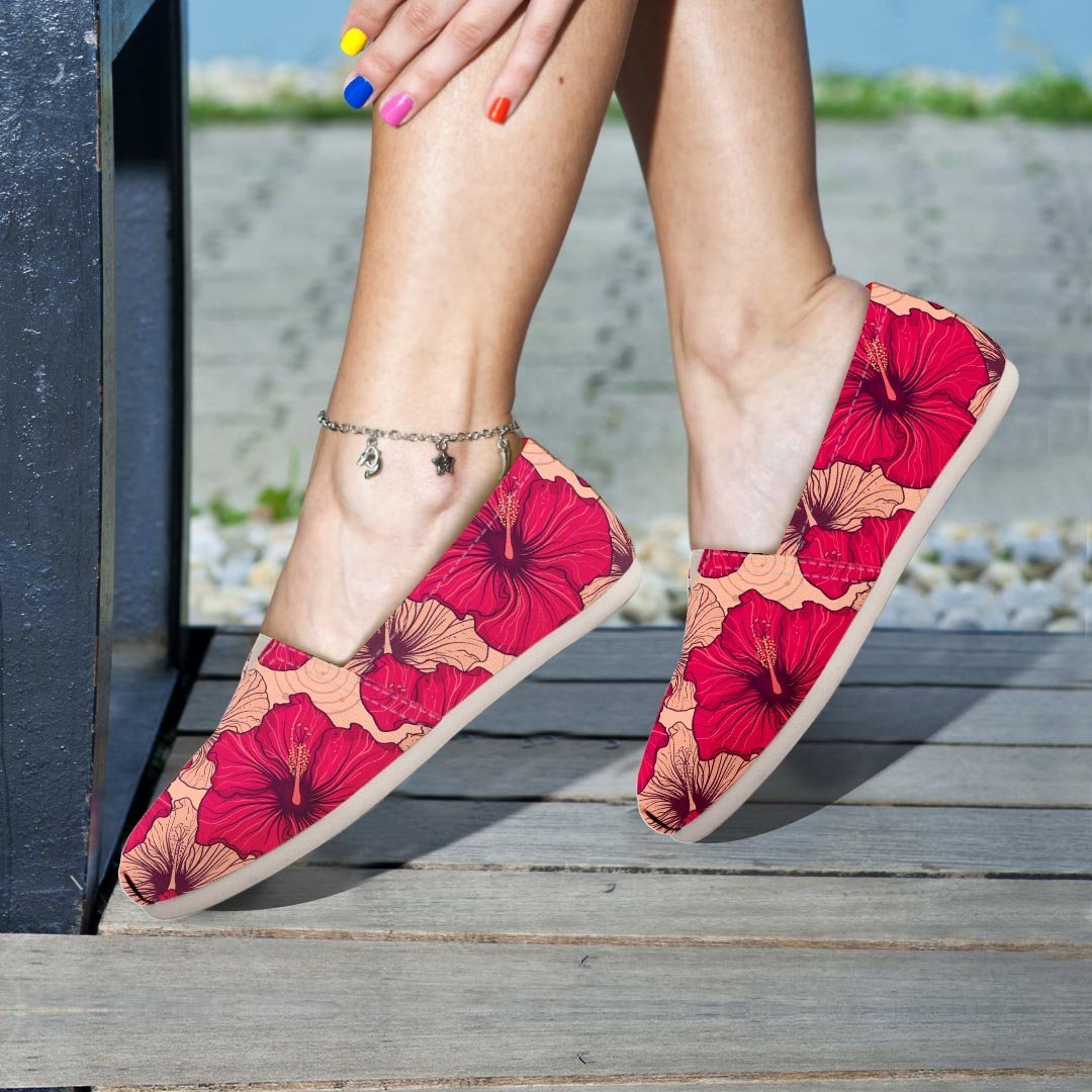 Red Hibiscus Flower Print Canvas Shoes-grizzshop