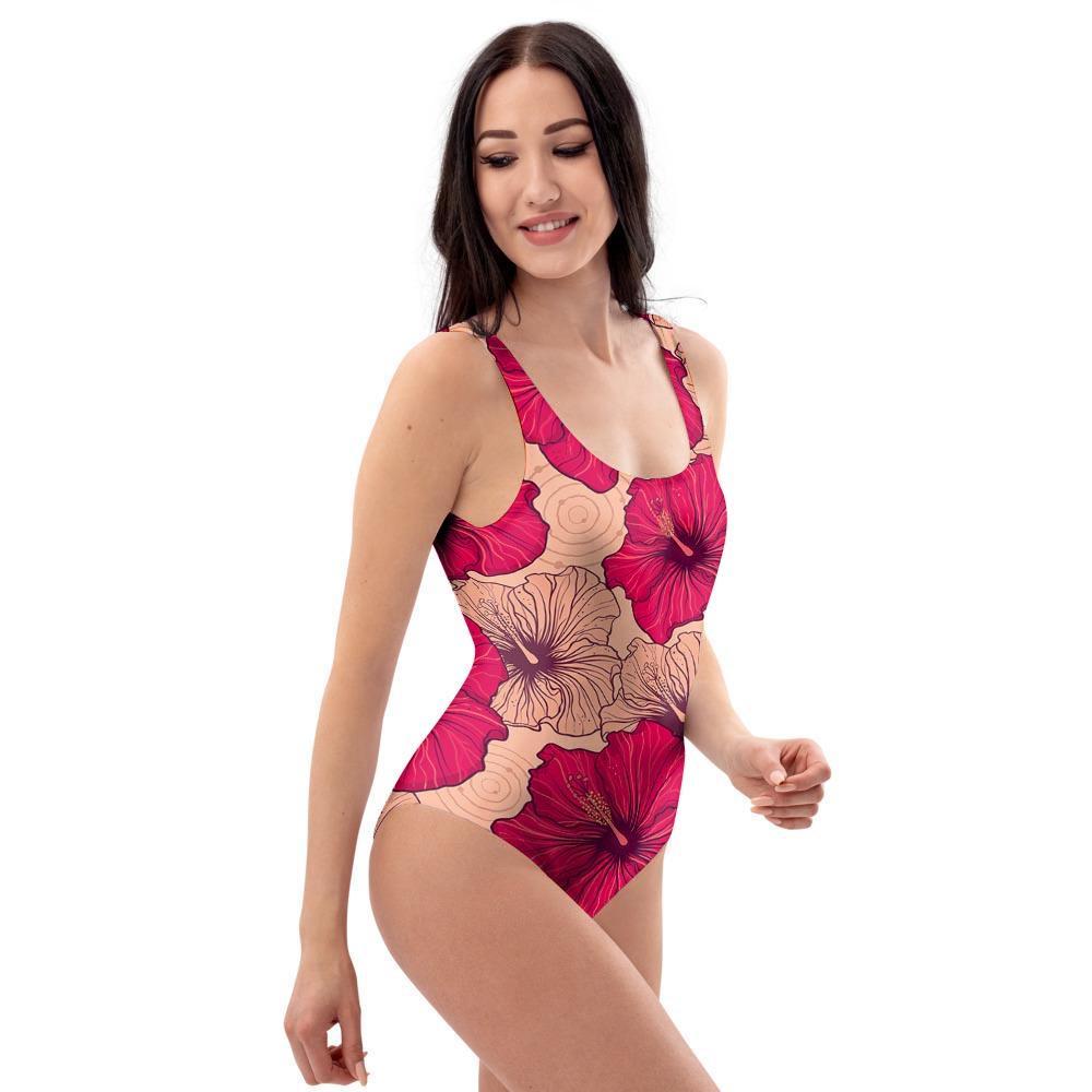 Red Hibiscus Flower Print One Piece Swimsuite-grizzshop