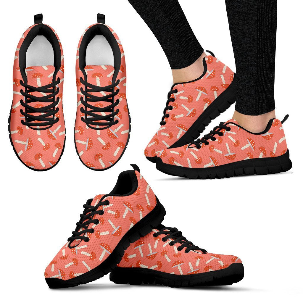 Red Mushroom Dot Pattern Print Black Sneaker Shoes For Men Women-grizzshop