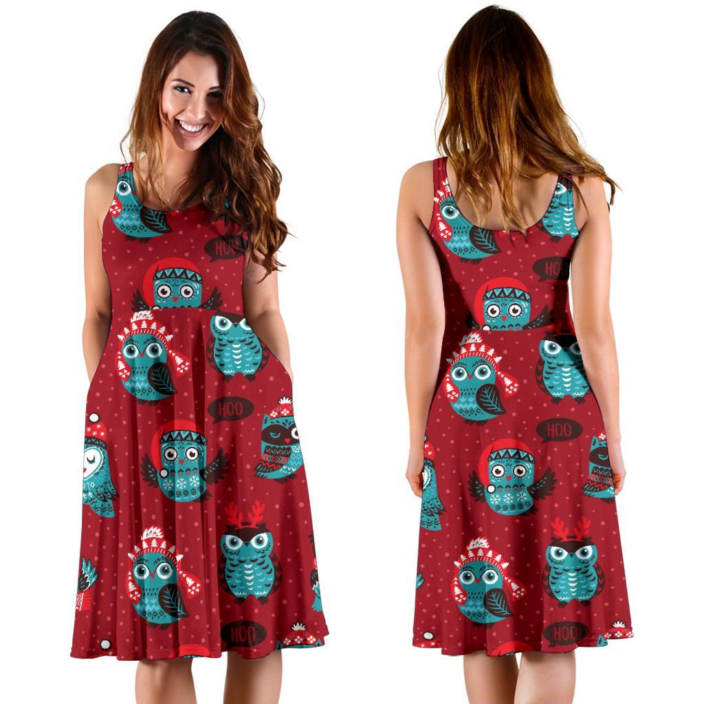 Red Owl Christmas Pattern Print Dress-grizzshop