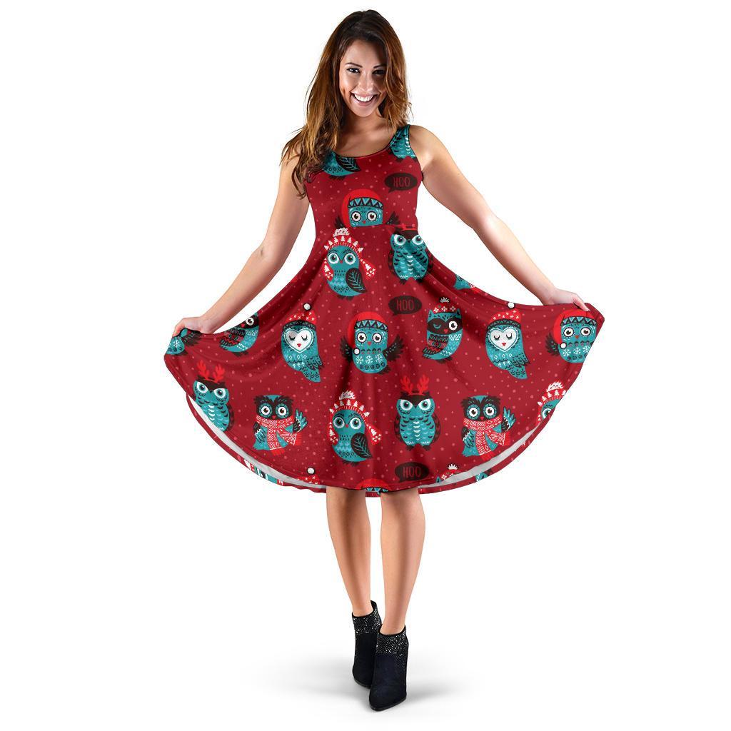 Red Owl Christmas Pattern Print Dress-grizzshop