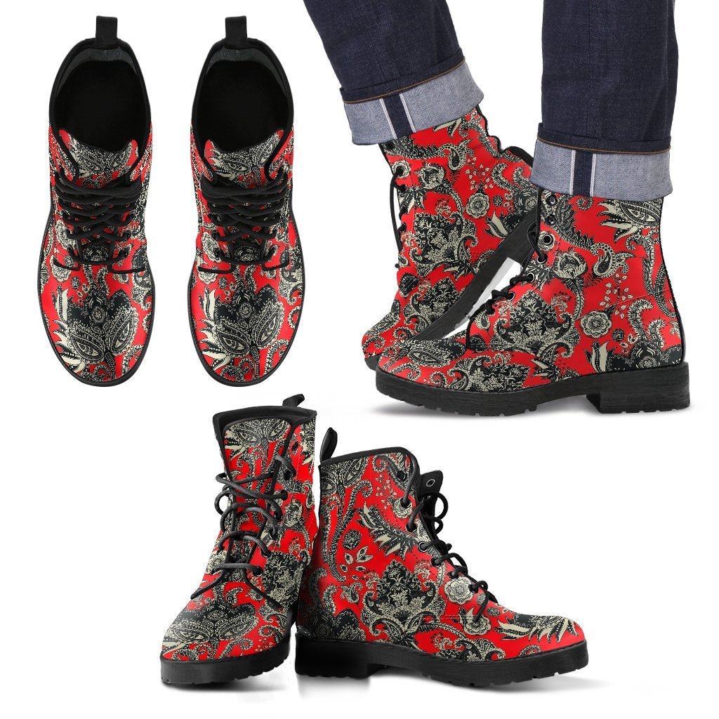 Red Paisley Pattern Print Men Women Leather Boots-grizzshop