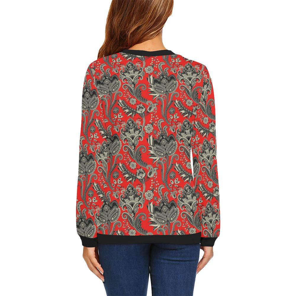 Red Paisley Pattern Print Women Crewneck Sweatshirt-grizzshop