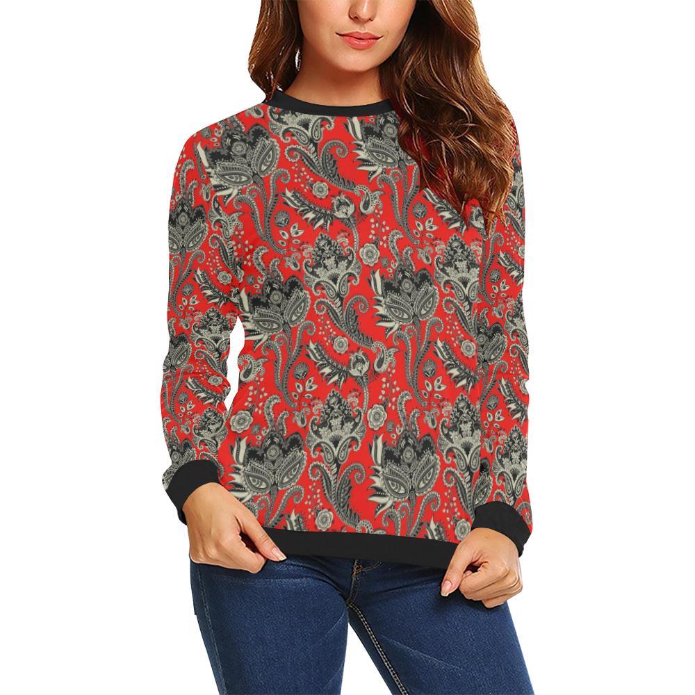 Red Paisley Pattern Print Women Crewneck Sweatshirt-grizzshop