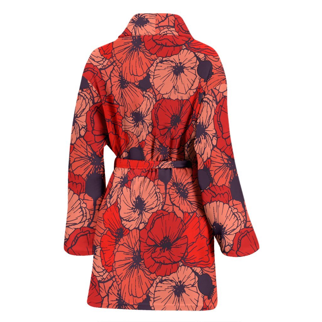 Red Poppy Floral Pattern Print Women Long Robe-grizzshop