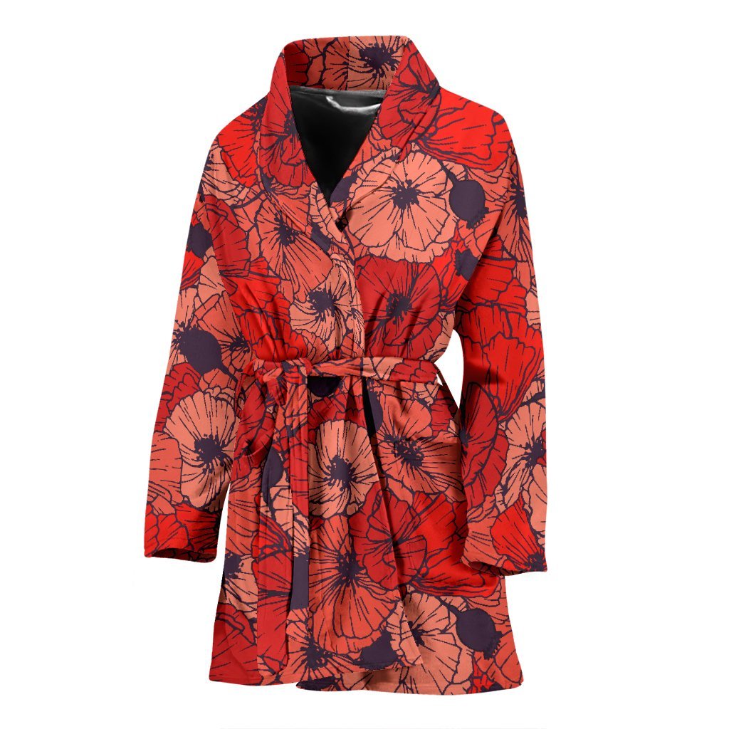 Red Poppy Floral Pattern Print Women Long Robe-grizzshop