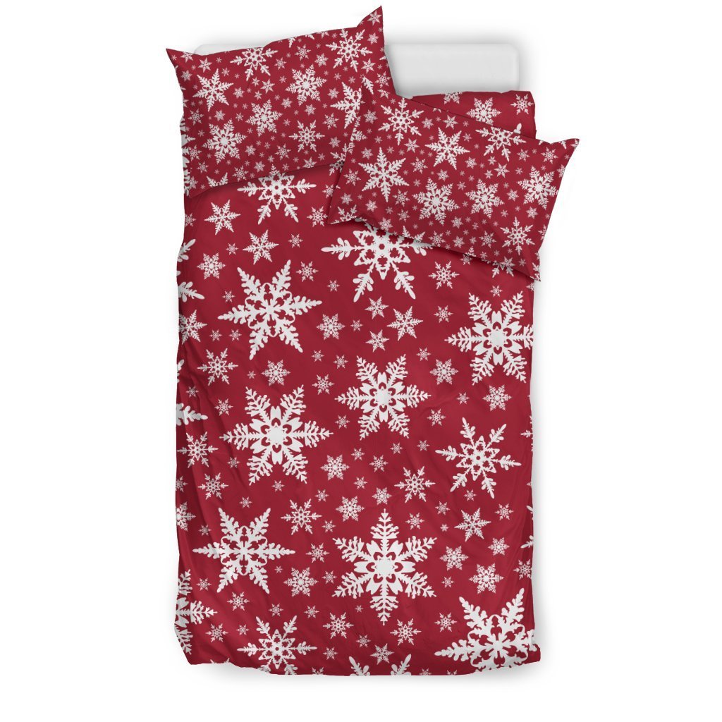 Red Snowflake Pattern Print Duvet Cover Bedding Set-grizzshop