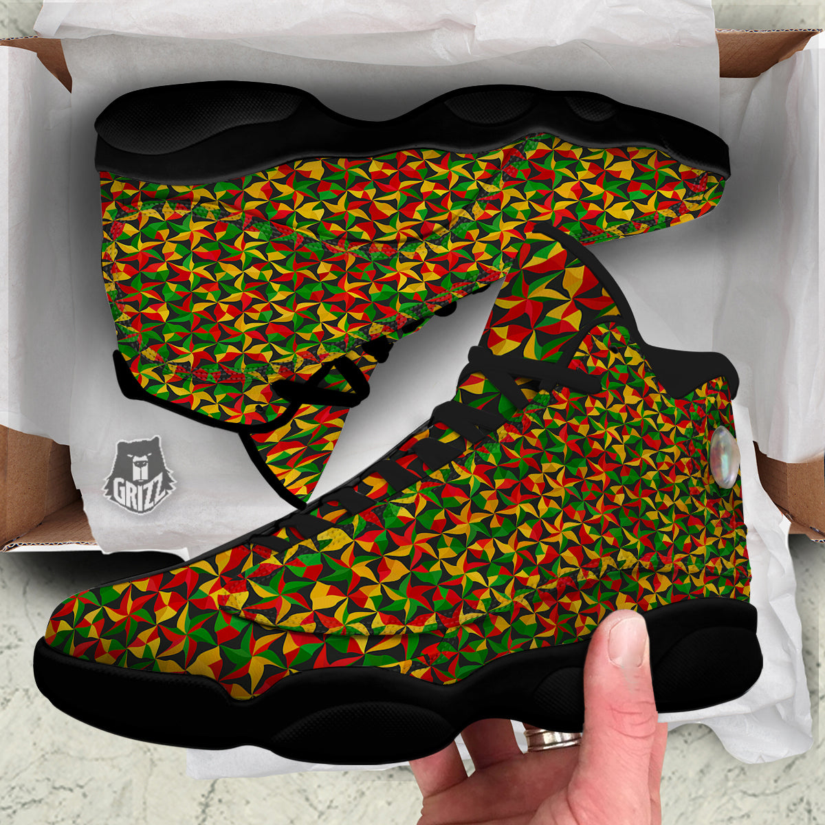 Reggae Abstract Geometric Print Pattern Black Basketball Shoes-grizzshop