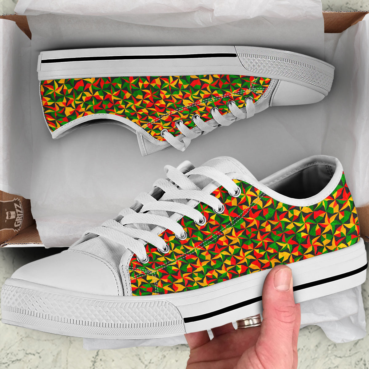 Reggae Abstract Geometric Print Pattern White Low Top Shoes-grizzshop