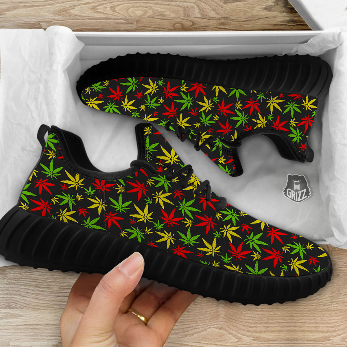 Reggae Hemp Leaf Print Pattern Black Walking Shoes-grizzshop