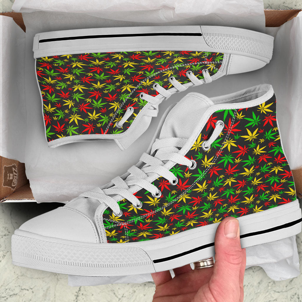 Reggae Hemp Leaf Print Pattern White High Top Shoes-grizzshop