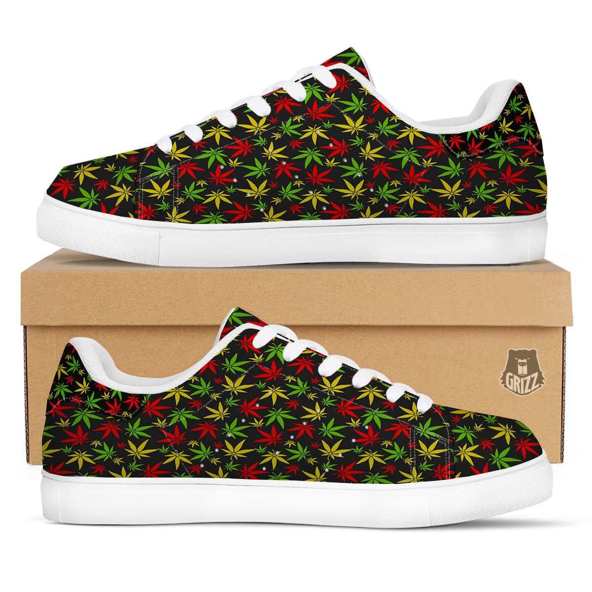 Reggae Hemp Leaf Print Pattern White Low Top Sneakers-grizzshop