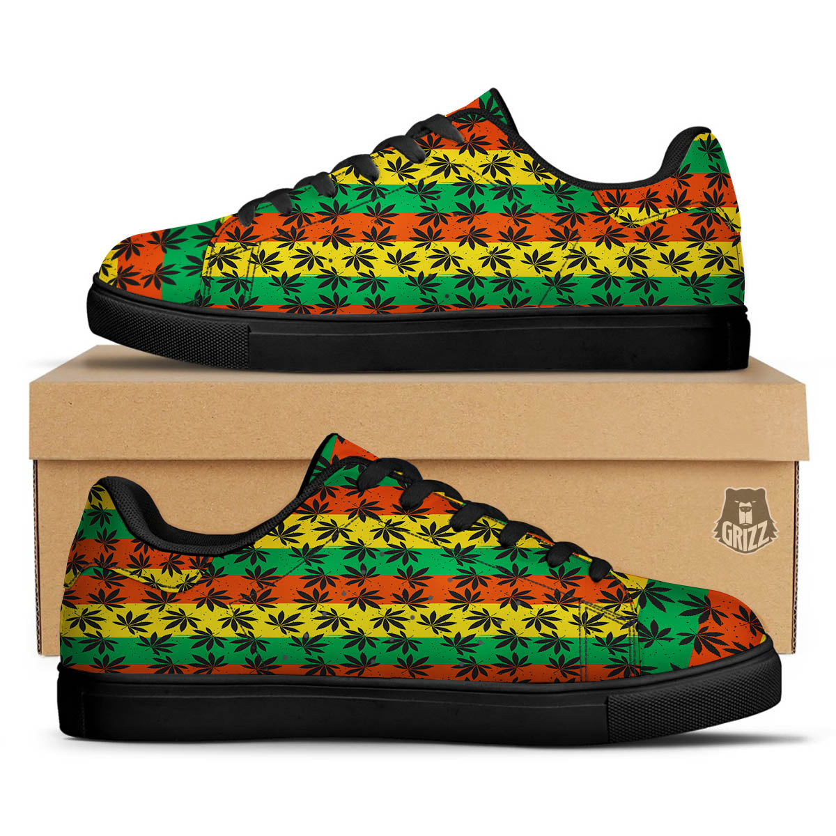Reggae Hemp Leaves Classic Print Pattern Black Low Top Sneakers-grizzshop