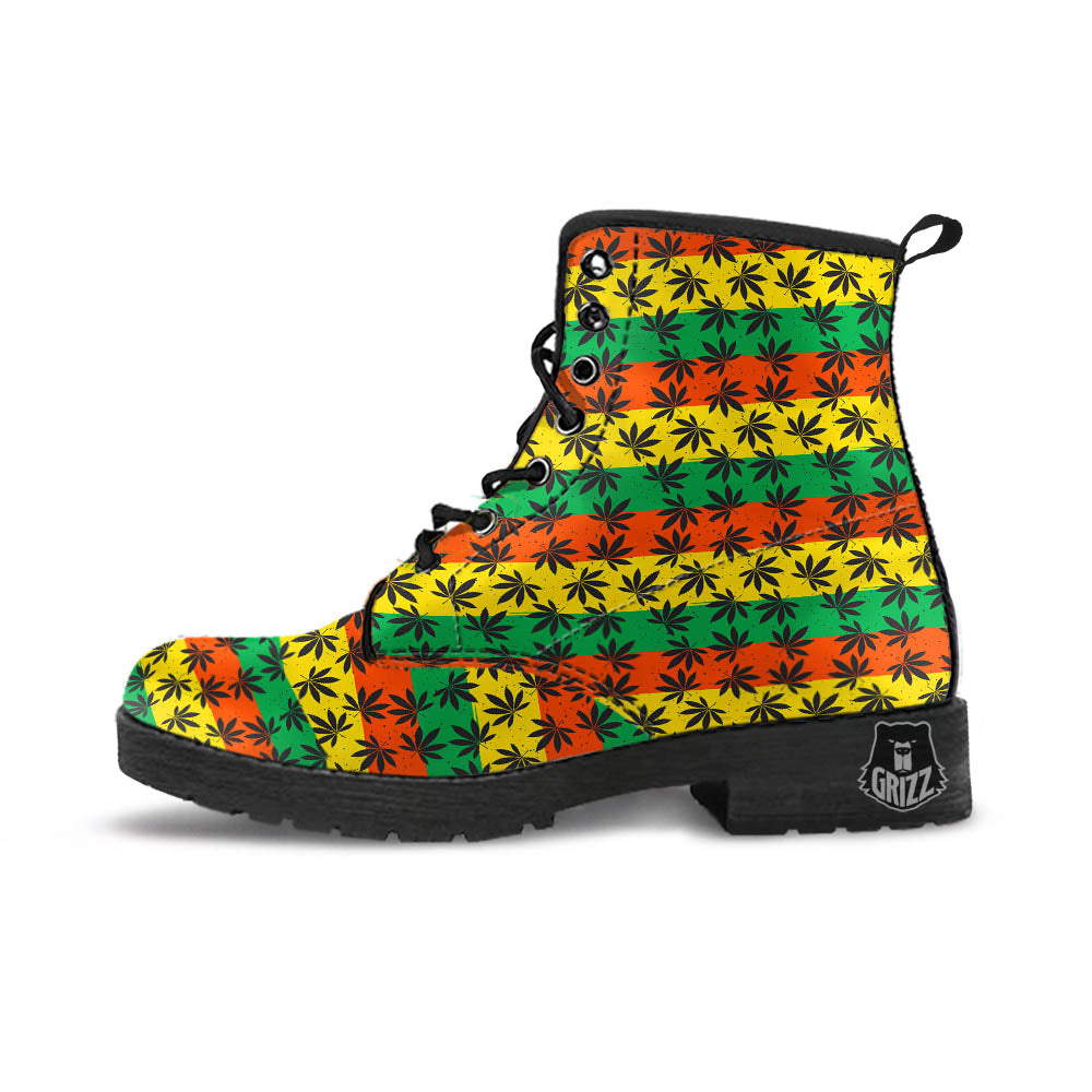 Reggae Hemp Leaves Classic Print Pattern Leather Boots-grizzshop