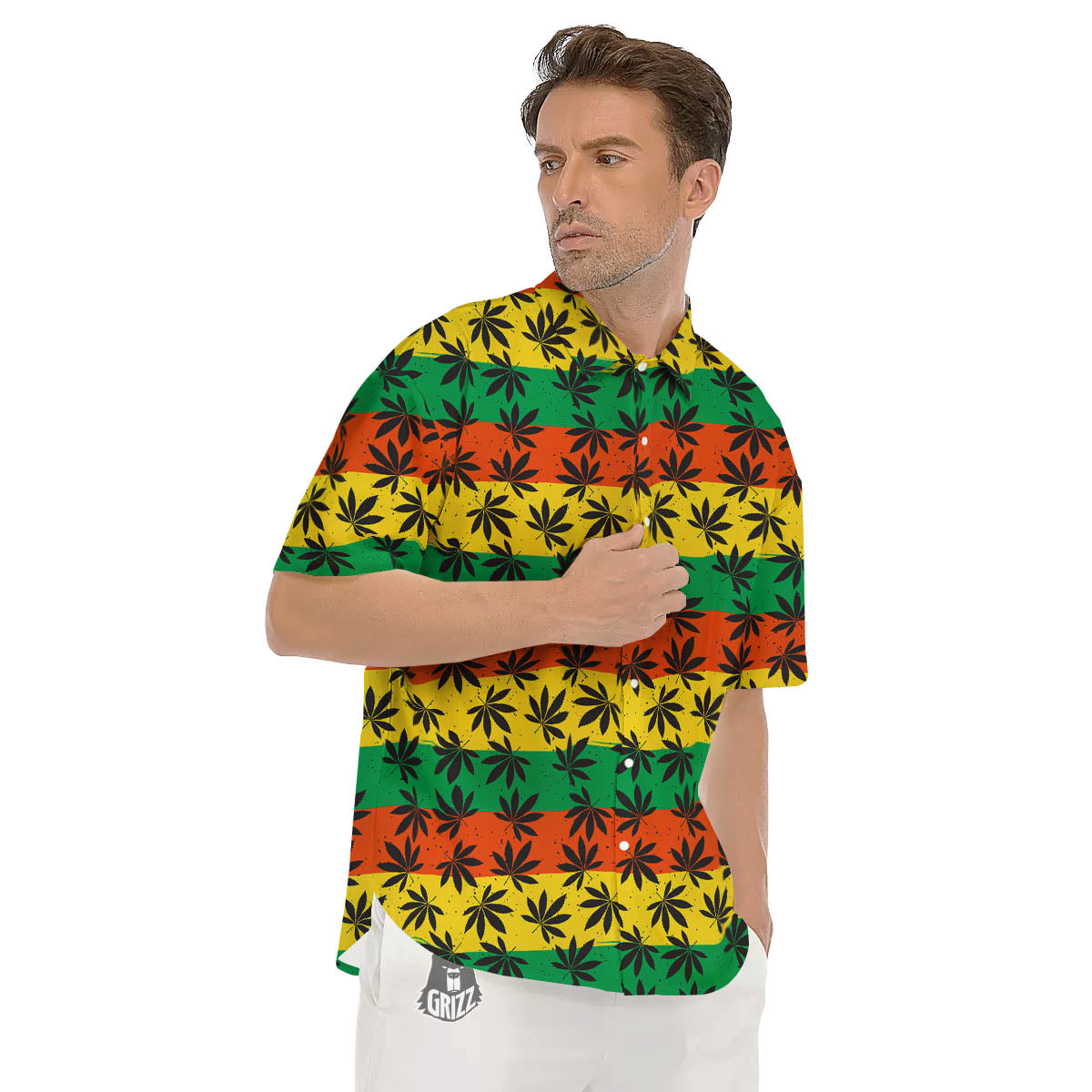 Reggae Hemp Leaves Classic Print Pattern Men's Short Sleeve Shirts-grizzshop