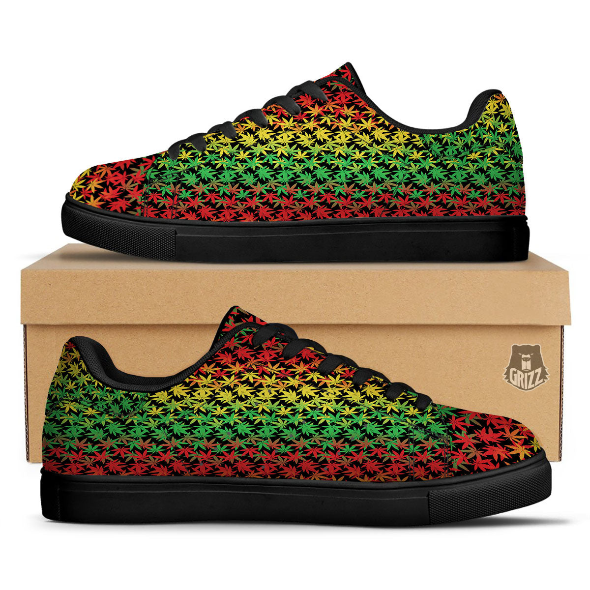 Reggae Hemp Leaves Print Pattern Black Low Top Sneakers-grizzshop