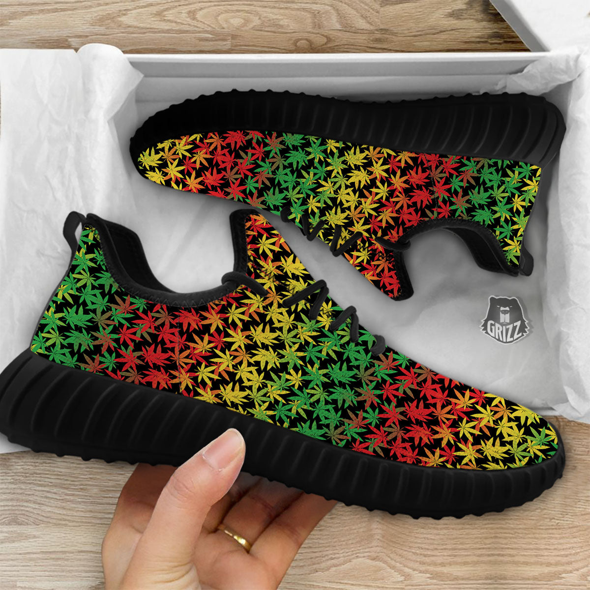 Reggae Hemp Leaves Print Pattern Black Walking Shoes-grizzshop