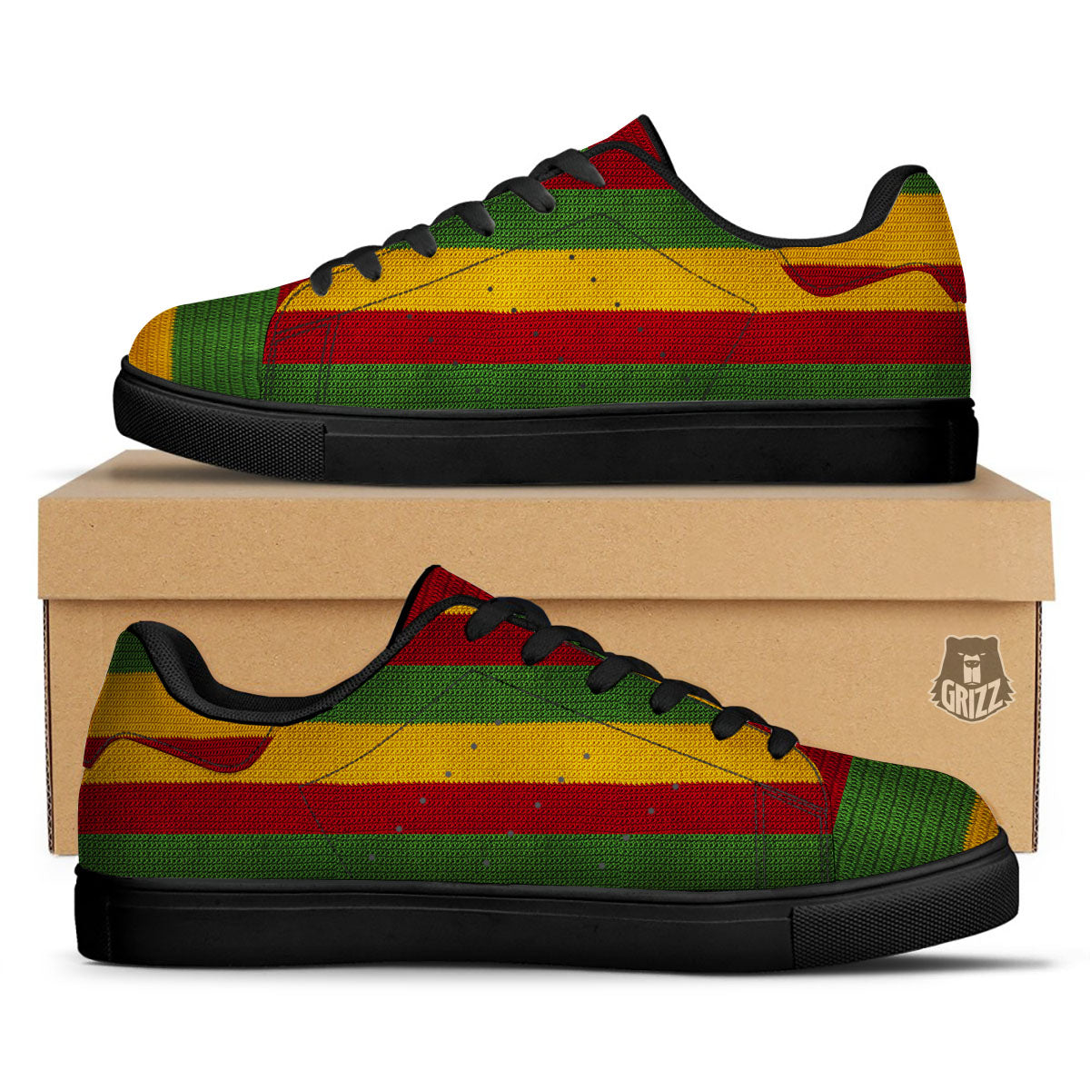 Reggae Knitted Print Pattern Black Low Top Sneakers-grizzshop