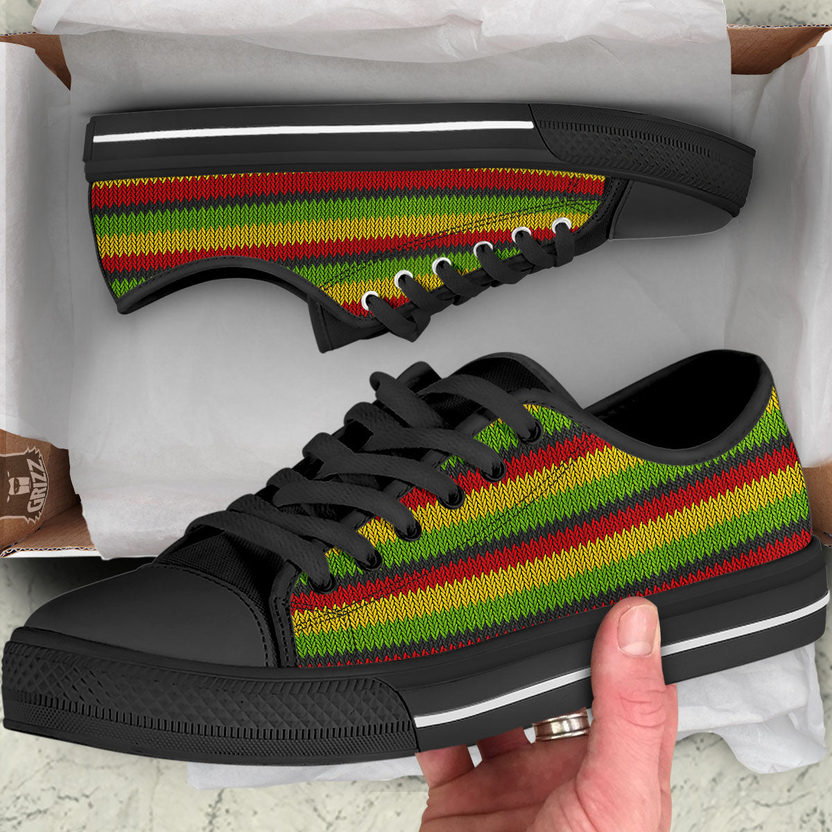 Reggae Knitted Style Print Pattern Black Low Top Shoes-grizzshop