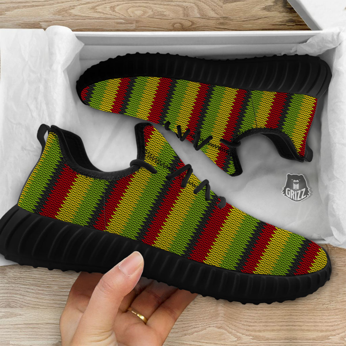 Reggae Knitted Style Print Pattern Black Walking Shoes-grizzshop