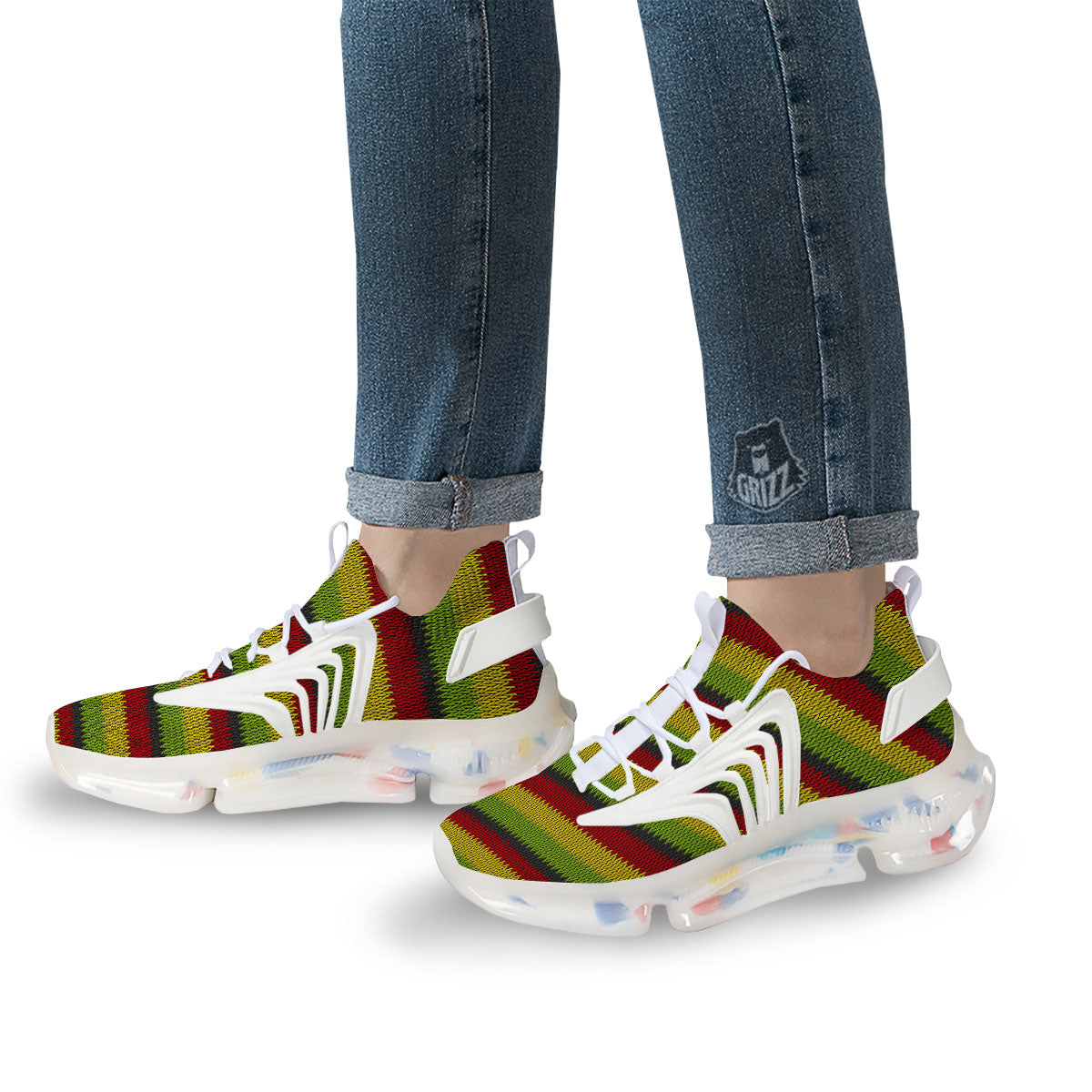 Reggae Knitted Style Print Pattern White Gym Shoes-grizzshop