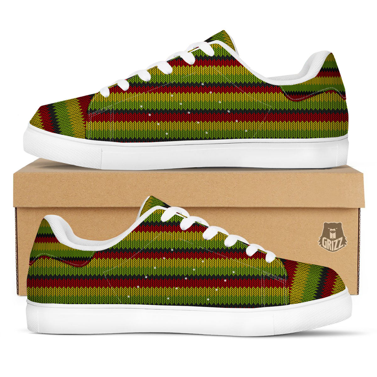 Reggae Knitted Style Print Pattern White Low Top Sneakers-grizzshop