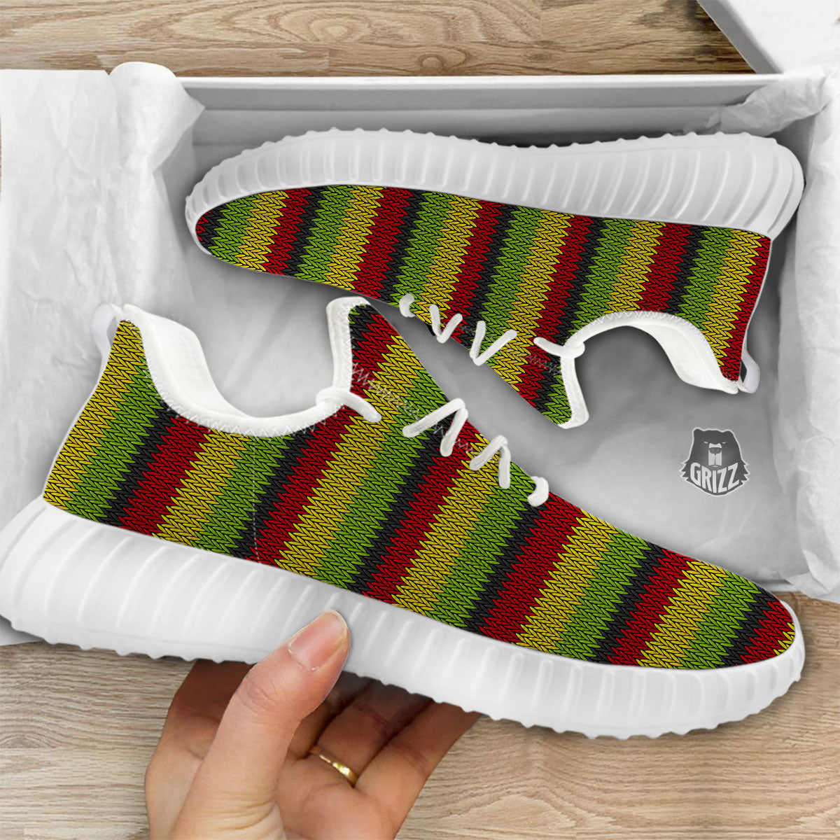 Reggae Knitted Style Print Pattern White Walking Shoes-grizzshop