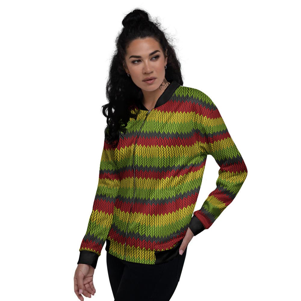 Reggae Knitted Style Print Pattern Women's Bomber Jacket-grizzshop