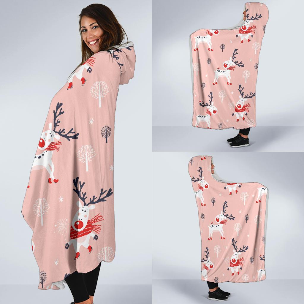 Reindeer Christmas Pattern Print Hooded Blanket-grizzshop