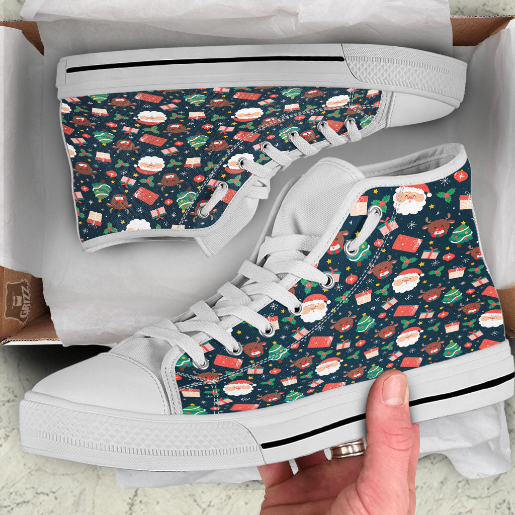 Reindeer Christmas Santa Print Pattern White High Top Shoes-grizzshop