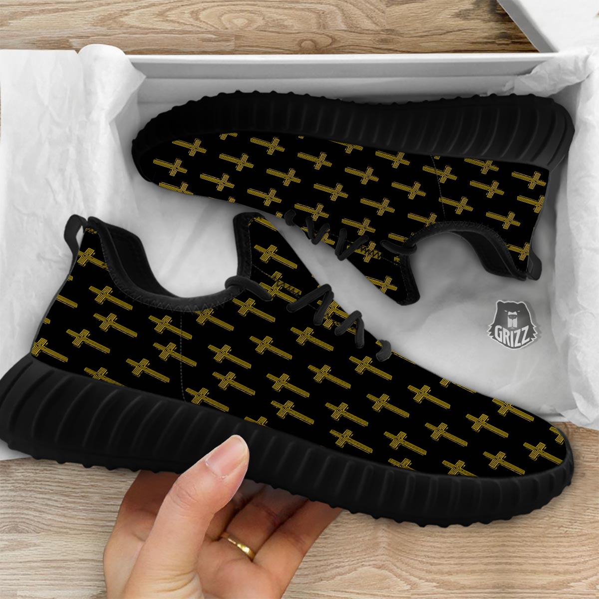 Religious Christian Cross Print Pattern Black Walking Shoes-grizzshop