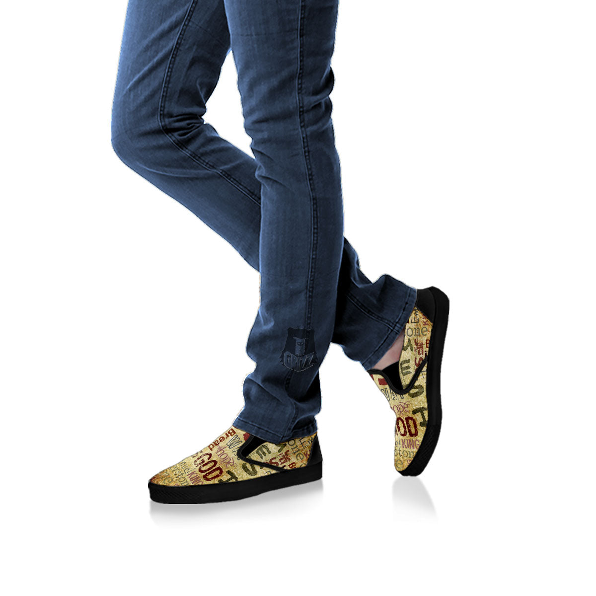 Religious Of God Word Print Black Slip On Shoes-grizzshop