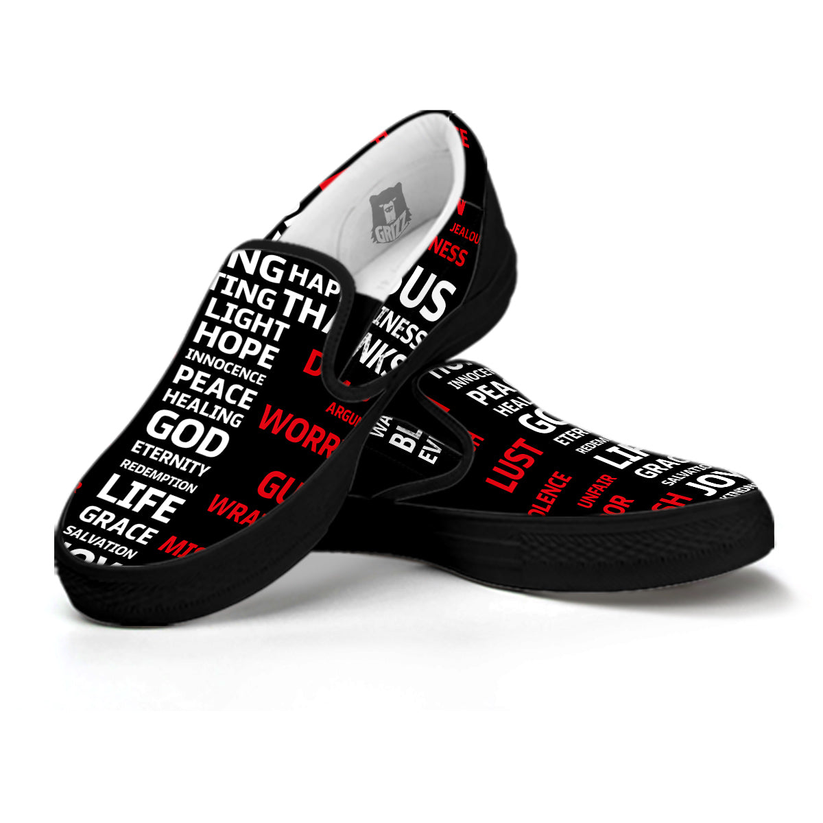 Religious Words Christian Cross Print Black Slip On Shoes-grizzshop