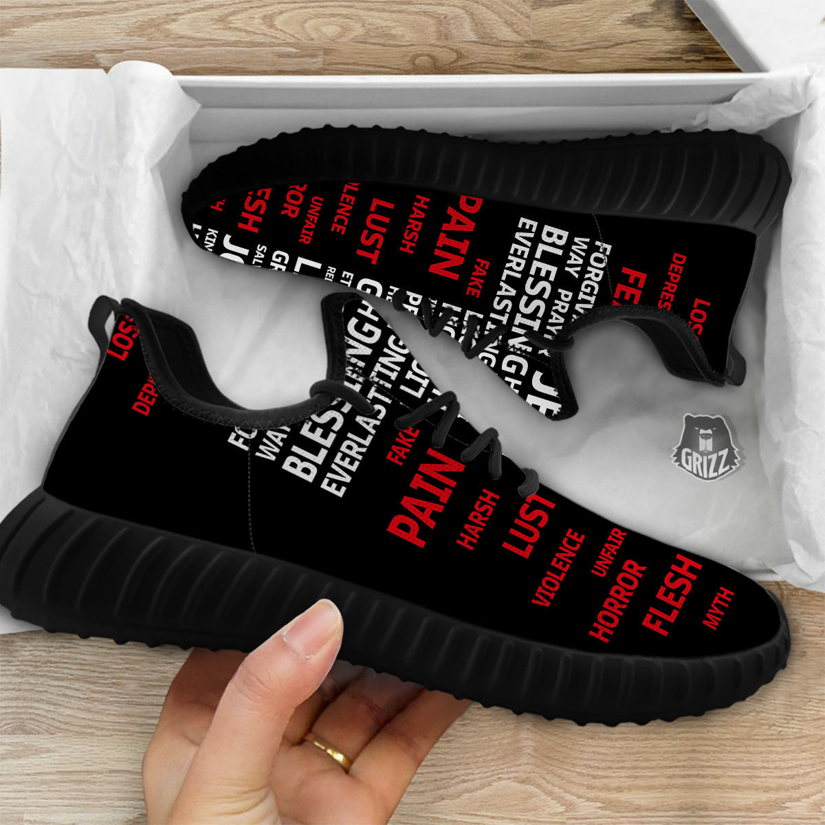 Religious Words Christian Cross Print Black Walking Shoes-grizzshop