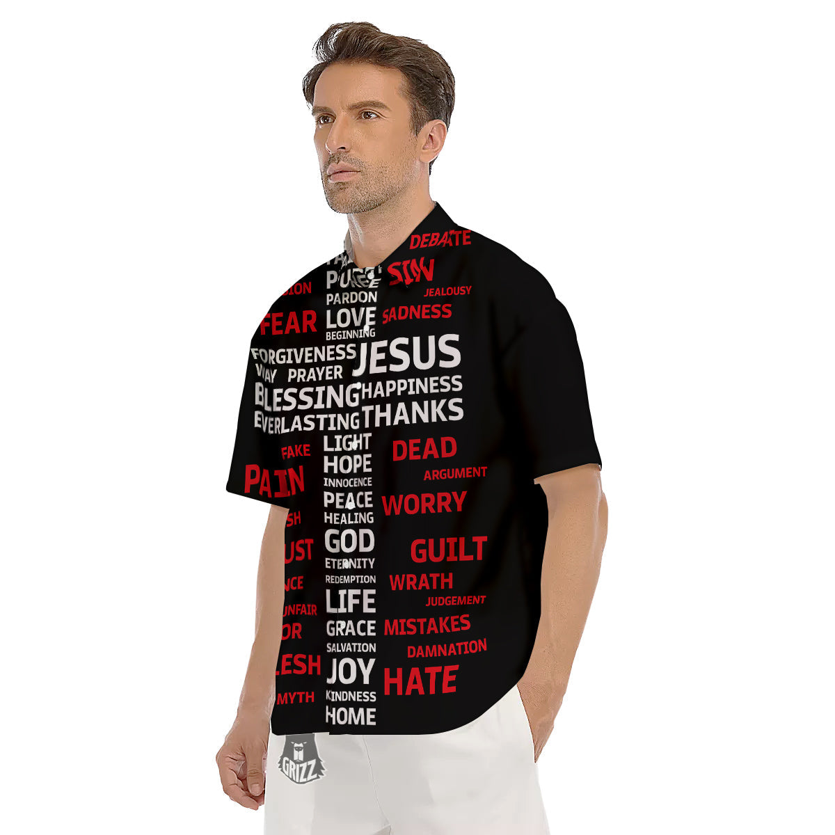 Religious Words Christian Cross Print Men's Short Sleeve Shirts-grizzshop