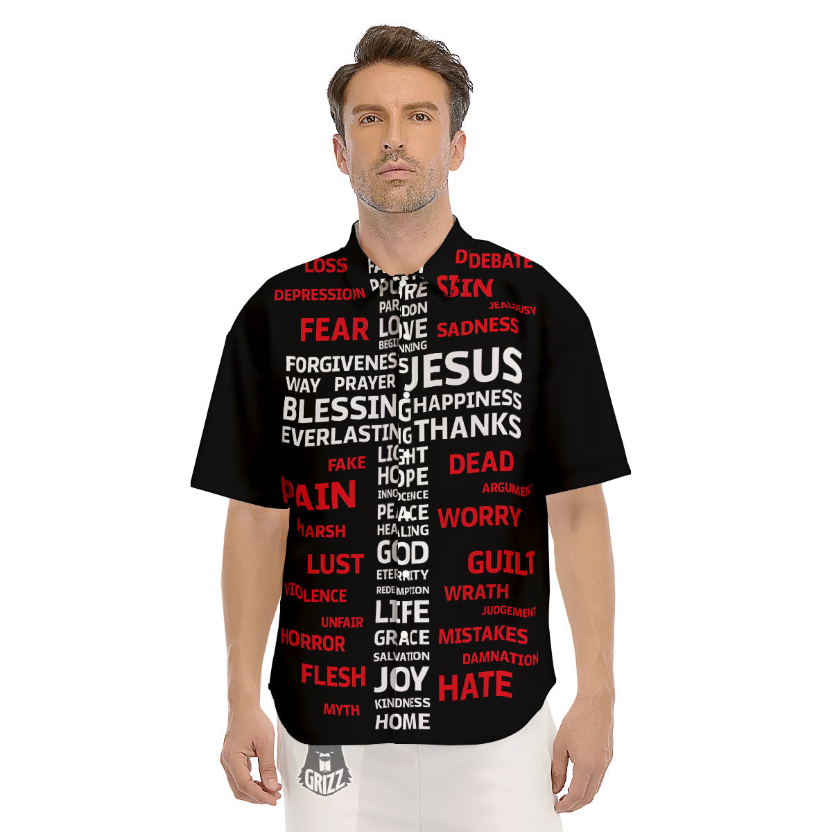 Religious Words Christian Cross Print Men's Short Sleeve Shirts-grizzshop