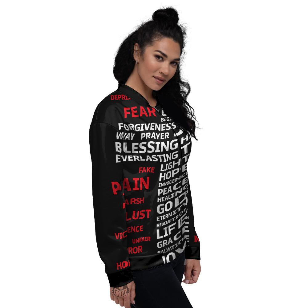 Religious Words Christian Cross Print Women's Bomber Jacket-grizzshop