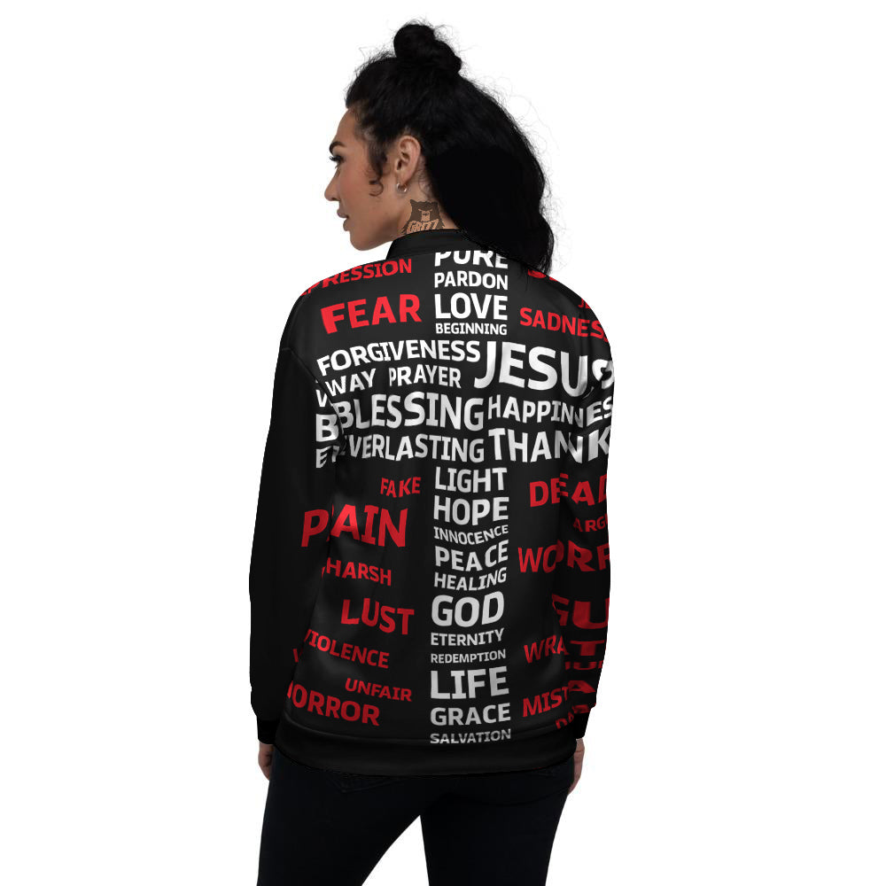 Religious Words Christian Cross Print Women's Bomber Jacket-grizzshop