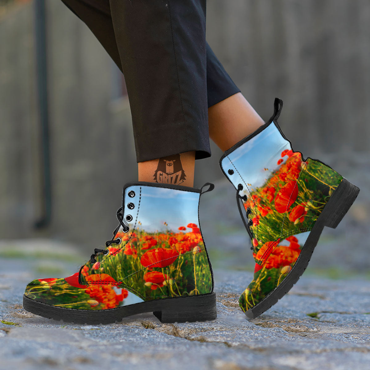 Remembrance Poppy Day Print Leather Boots-grizzshop