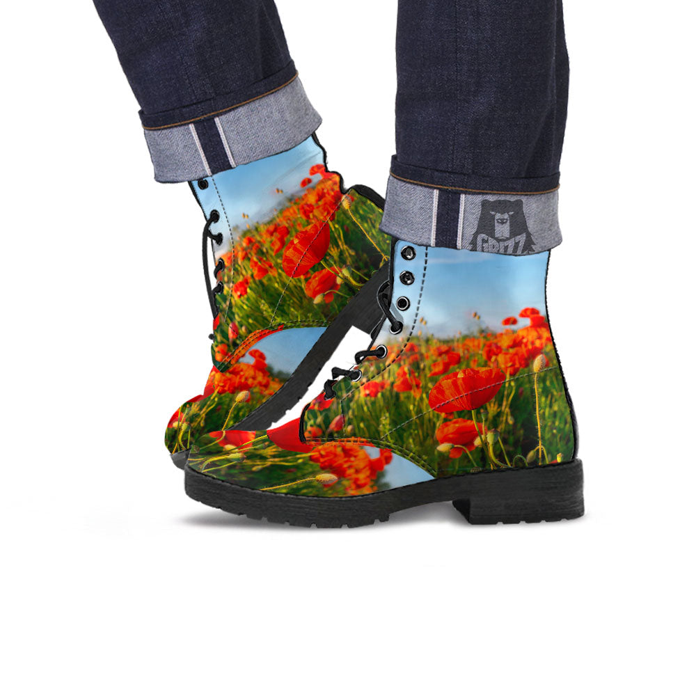 Remembrance Poppy Day Print Leather Boots-grizzshop