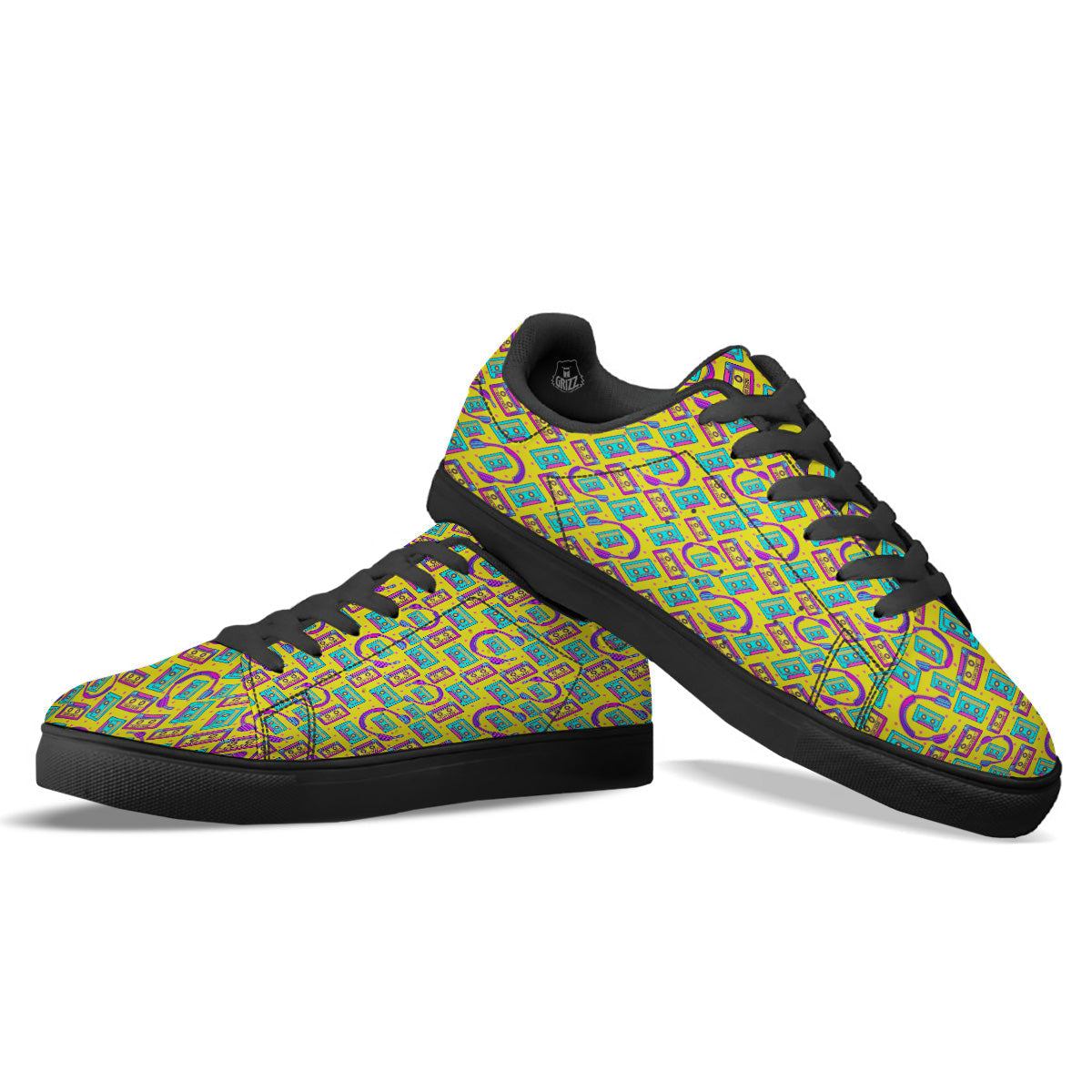 Retro Cassette And Earphones Print Pattern Black Low Top Sneakers-grizzshop
