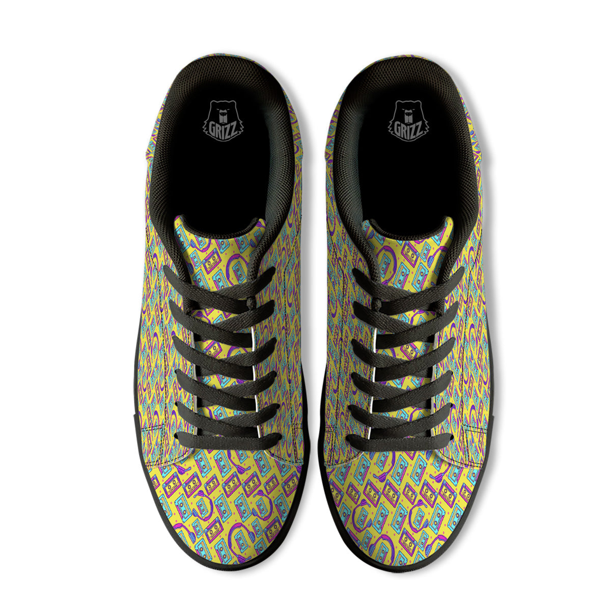 Retro Cassette And Earphones Print Pattern Black Low Top Sneakers-grizzshop
