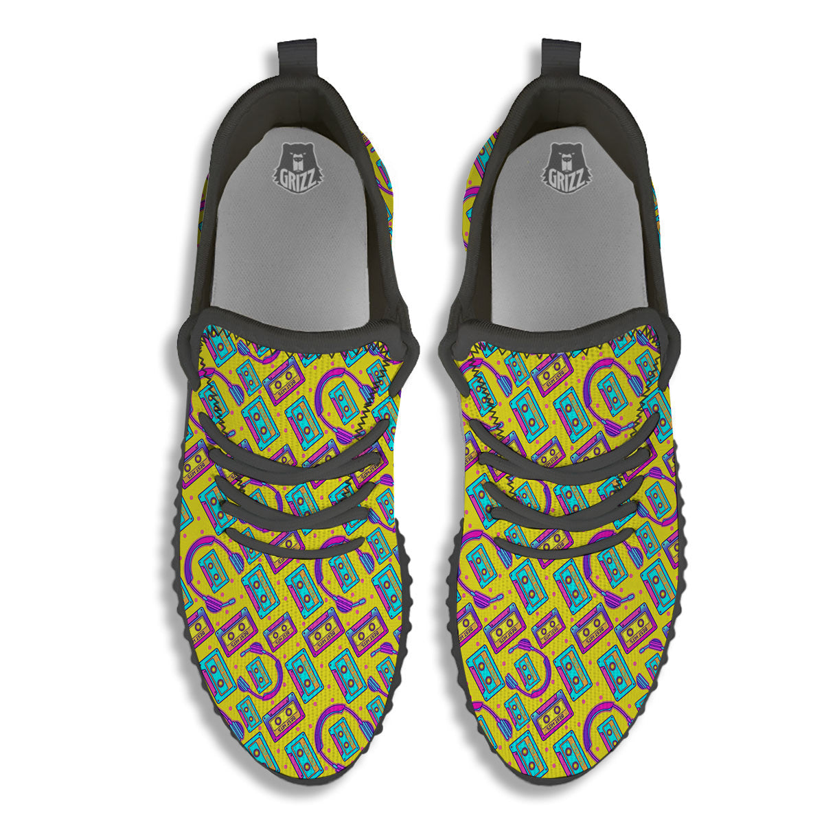Retro Cassette And Earphones Print Pattern Black Walking Shoes-grizzshop