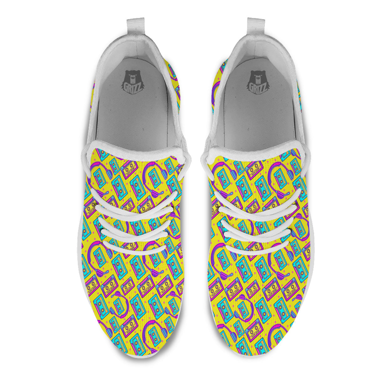 Retro Cassette And Earphones Print Pattern White Athletic Shoes-grizzshop