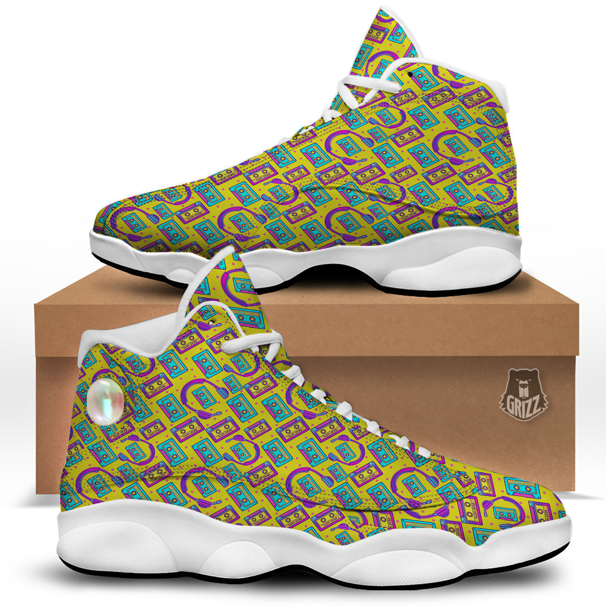 Retro Cassette And Earphones Print Pattern White Basketball Shoes-grizzshop