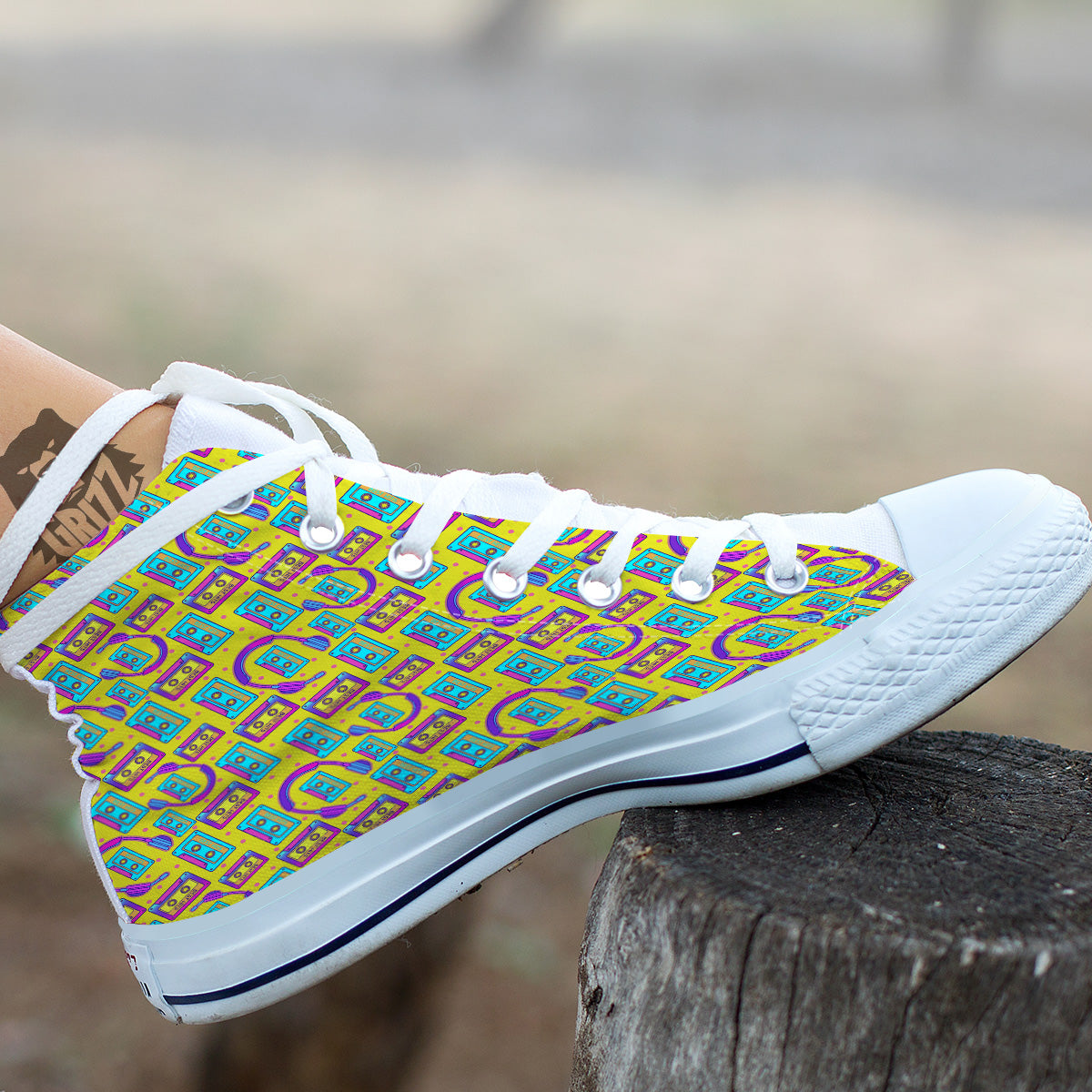 Retro Cassette And Earphones Print Pattern White High Top Shoes-grizzshop