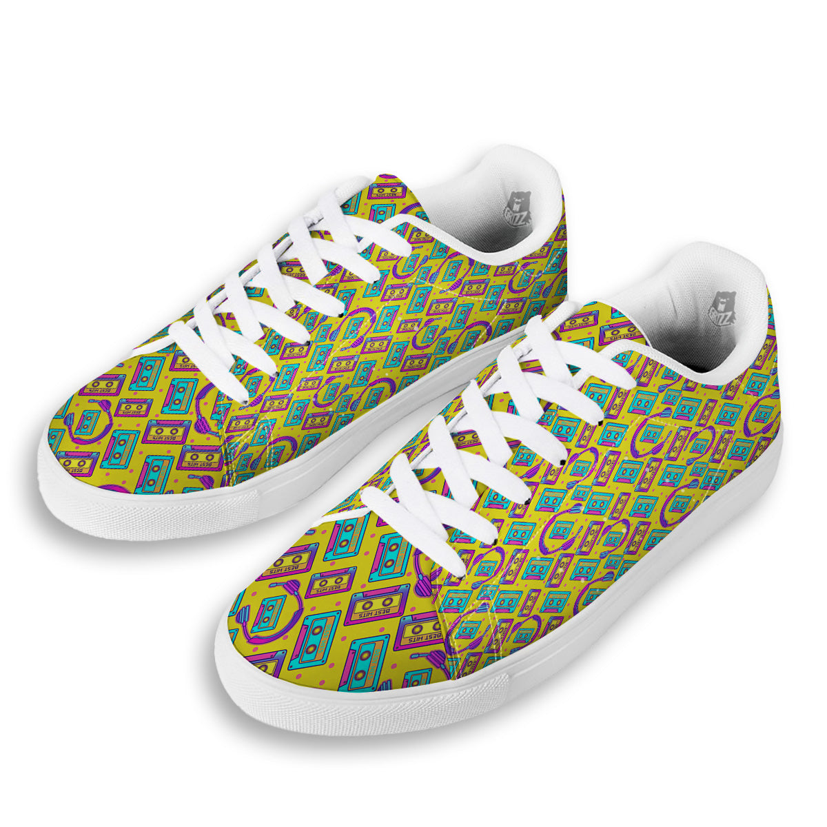 Retro Cassette And Earphones Print Pattern White Low Top Sneakers-grizzshop