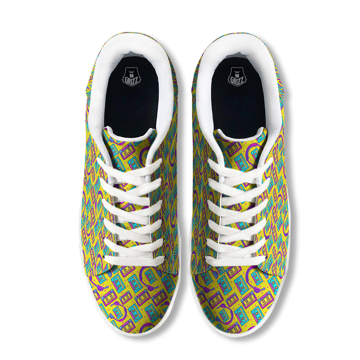 Retro Cassette And Earphones Print Pattern White Low Top Sneakers-grizzshop