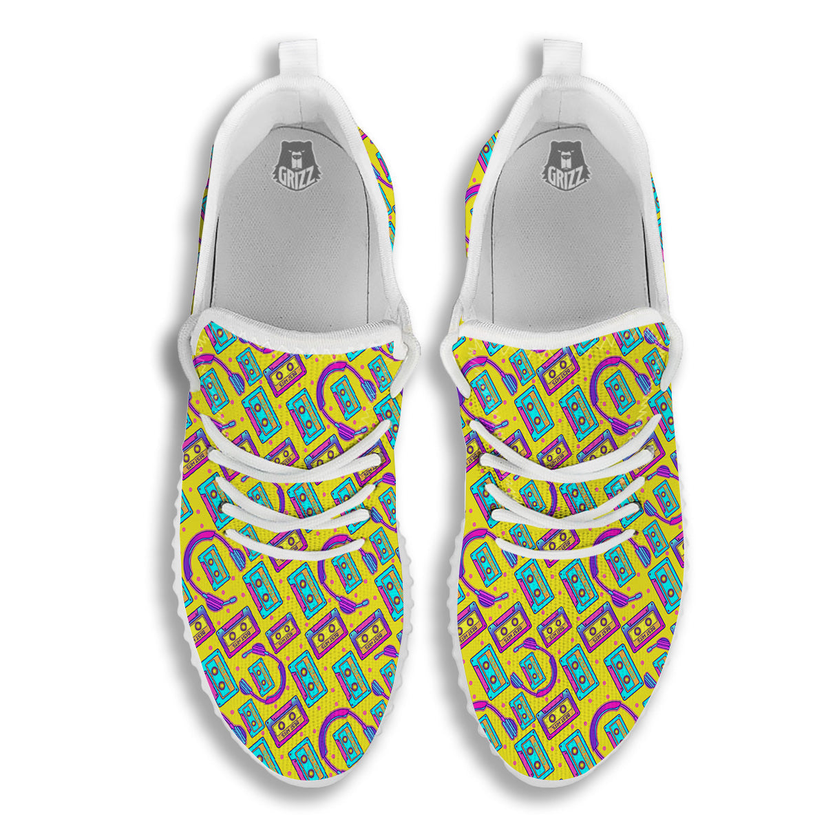 Retro Cassette And Earphones Print Pattern White Walking Shoes-grizzshop